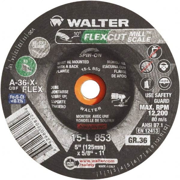 WALTER Surface Technologies - 36 Grit, 7" Wheel Diam, 3/16" Wheel Thickness, 7/8" Arbor Hole, Type 29 Depressed Center Wheel - Aluminum Oxide, 8,600 Max RPM - Exact Tooling