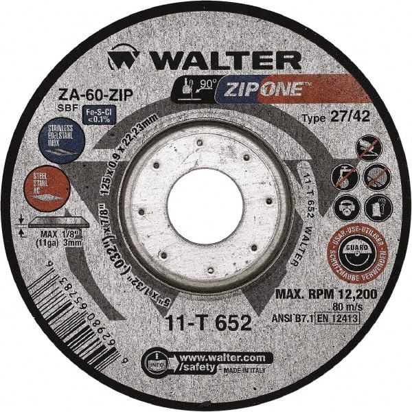 WALTER Surface Technologies - 60 Grit, 5" Wheel Diam, 1/32" Wheel Thickness, 7/8" Arbor Hole, Type 27 Depressed Center Wheel - Zirconia Alumina, Resinoid Bond, 12,200 Max RPM - Exact Tooling