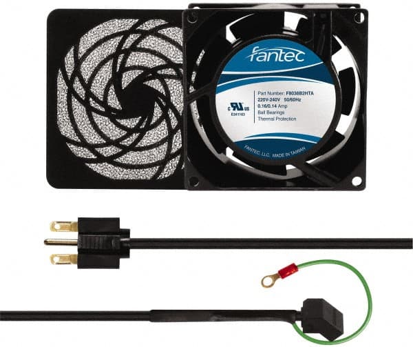 Made in USA - 230 Volts, AC, 32 CFM, Square Tube Axial Fan Kit - 0.06/0.05 Amp Rating, 3.15" High x 3" Wide x 38.5mm Deep, Includes Fan, Fan Guard, Fan Cord - Exact Tooling