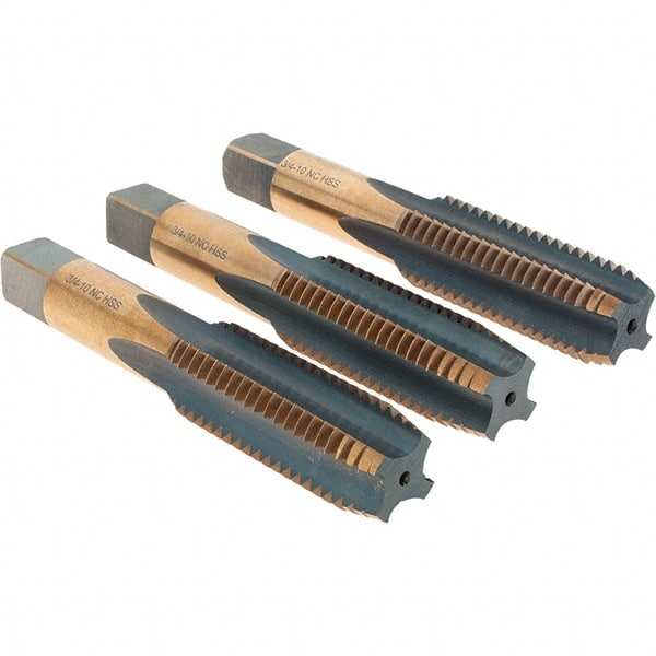 Import - 3/4-10 UNC, 4 Flute, Bottoming, Plug & Taper, Oxide/Gold Finish, High Speed Steel Tap Set - 4-1/4" OAL - Exact Tooling
