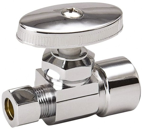 Value Collection - FIP 1/2 Inlet, 125 Max psi, Chrome Finish, Brass Water Supply Stop Valve - 3/8 Compression Outlet, Straight, Chrome Handle, For Use with Any Water Supply Shut Off Application - Exact Tooling