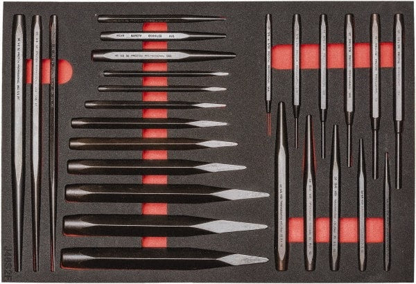 Proto - 26 Piece Diamont Point Chisel, Cold Chisel, Solid, Pin & Center Punch Set - 1/4 to 1-3/16" Chisel, 1/16 to 3/8" Punch - Exact Tooling
