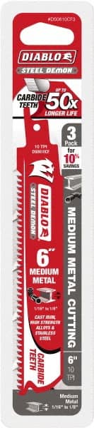 Freud - 6" Long x 1" Thick, Carbide Reciprocating Saw Blade - Straight Profile, 10 TPI, Toothed Edge, Tang Shank - Exact Tooling