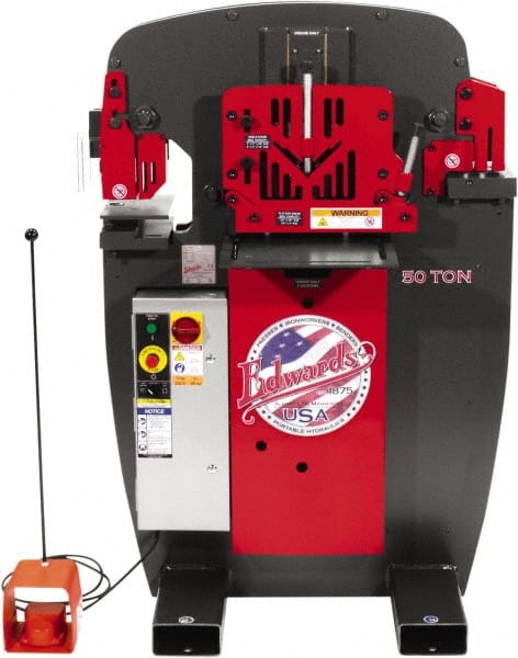 Edwards Manufacturing - 7" Throat Depth, 50 Ton Punch Pressure, 1" in 5/8" Punch Capacity Ironworker - 5 hp, 3 Phase, 460 Volts, 36-3/4" Wide x 54-1/2" High x 36-1/8" Deep - Exact Tooling