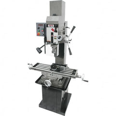 Jet - 3 Phase, 19-11/16" Swing, Geared Head Mill Drill Combination - 32-1/4" Table Length x 9-1/2" Table Width, 20-1/2" Longitudinal Travel, 8-1/4" Cross Travel, Variable Spindle Speeds, 1.5 hp, 230 Volts - Exact Tooling