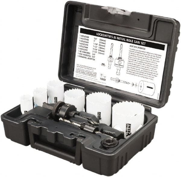 Disston - 9 Piece, 7/8" to 1-3/4" Saw Diam, Lockset Hole Saw Kit - Bi-Metal, Toothed Edge, Pilot Drill Model No. E0102457, Includes 6 Hole Saws - Exact Tooling
