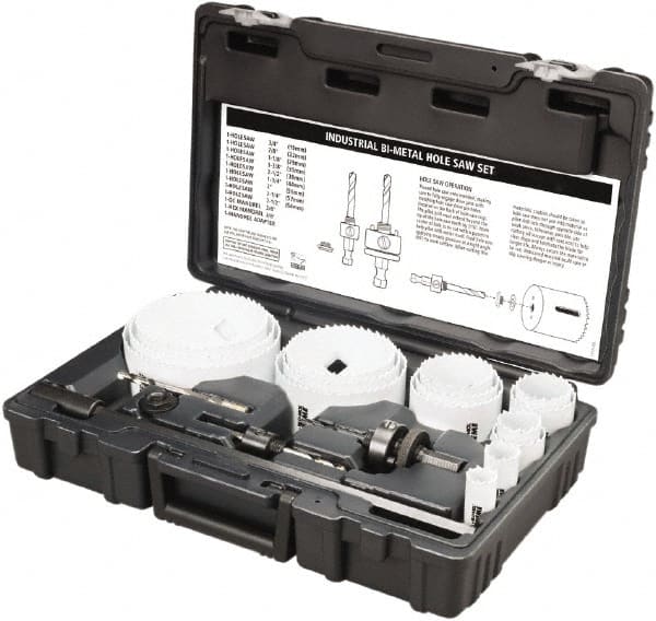 Disston - 20 Piece, 3/4" to 4-1/2" Saw Diam, Industrial Hole Saw Kit - Bi-Metal, Toothed Edge, Pilot Drill Model No. E0102457, Includes 15 Hole Saws - Exact Tooling