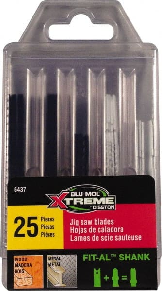 Disston - 25 Piece, 2-3/4" to 3-1/2" Long, 6 to 18 Teeth per Inch, Carbon and Bi-Metal Jig Saw Blade Set - Toothed Edge, U-Shank - Exact Tooling
