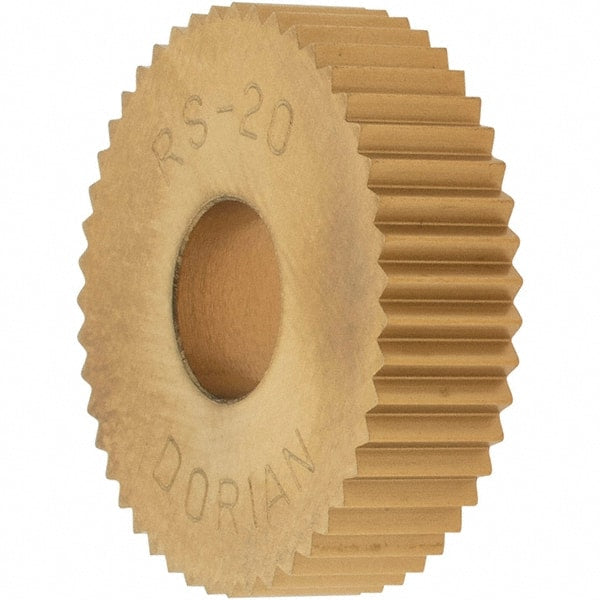Dorian Tool - 3/4" Diam, 90° Tooth Angle, 20 TPI, Standard (Shape), Cut Type High Speed Steel Straight Knurl Wheel - 5mm Face Width, 1/4" Hole, Circular Pitch, TiN Finish, Series R - Exact Tooling