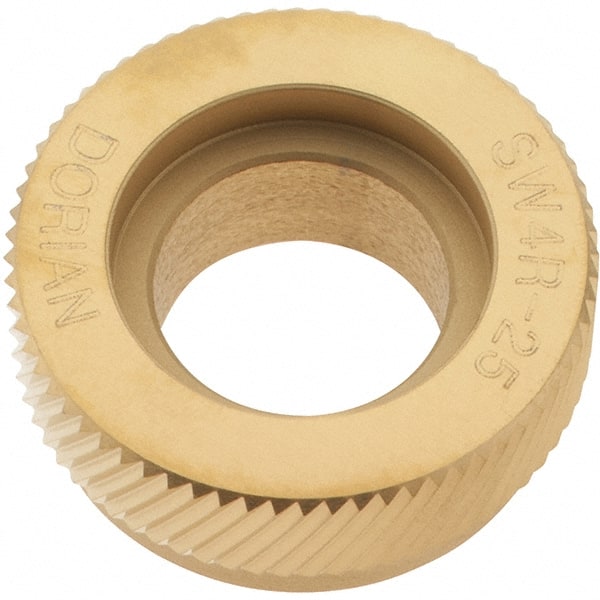 Dorian Tool - 1" Diam, 90° Tooth Angle, 25 TPI, Beveled Face, Form Type High Speed Steel Right-Hand Diagonal Knurl Wheel - 1/4" Face Width, 1/2" Hole, Circular Pitch, 30° Helix, TiN Finish, Series SW4 - Exact Tooling