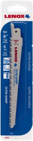 Lenox - 6" Long x 3/4" Thick, Bi-Metal Reciprocating Saw Blade - Straight Profile, 6 TPI, Toothed Edge - Exact Tooling