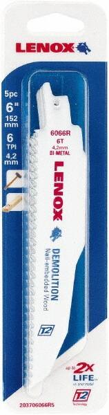 Lenox - 6" Long x 7/8" Thick, Bi-Metal Reciprocating Saw Blade - Straight Profile, 6 TPI, Toothed Edge - Exact Tooling