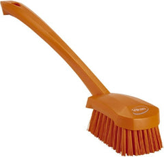 Vikan - 1.3" Bristle Length, Polyester Scrub Brush - 4" Long x 2-3/4" Wide Head, 15-3/4" OAL, Orange, Polypropylene Block - Exact Tooling