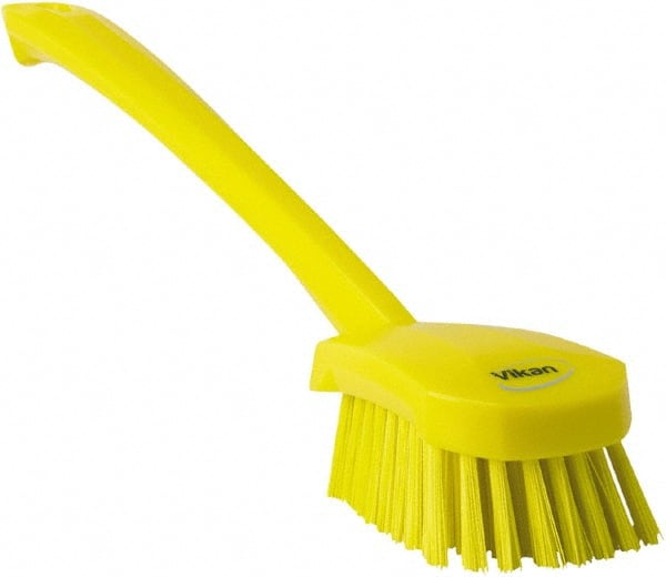 Vikan - 1.3" Bristle Length, Polyester Scrub Brush - 4" Long x 2-3/4" Wide Head, 15-3/4" OAL, Yellow, Polypropylene Block - Exact Tooling