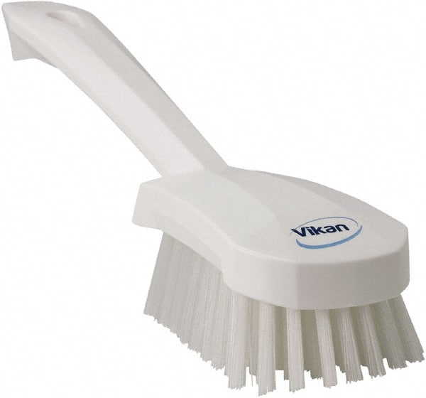 Vikan - 1.3" Bristle Length, Polyester Scrub Brush - 4-1/4" Long x 2-3/4" Wide Head, 10" OAL, White, Polypropylene Block - Exact Tooling