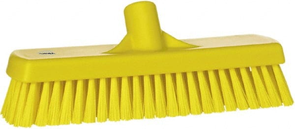 Vikan - 1.7" Bristle Length, Polyester Scrub Brush - 11-1/4" Long x 3" Wide Head, 12" OAL, European Threaded Handle, Yellow, Polypropylene Block - Exact Tooling