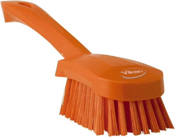 Vikan - 1.3" Bristle Length, Polyester Scrub Brush - 4-1/4" Long x 2-3/4" Wide Head, 10" OAL, Orange, Polypropylene Block - Exact Tooling