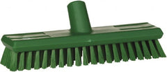 Vikan - 1.3" Bristle Length, Polyester Scrub Brush - 10-3/4" Long x 2-1/2" Wide Head, 11" OAL, European Threaded Handle, Green, Polypropylene Block - Exact Tooling