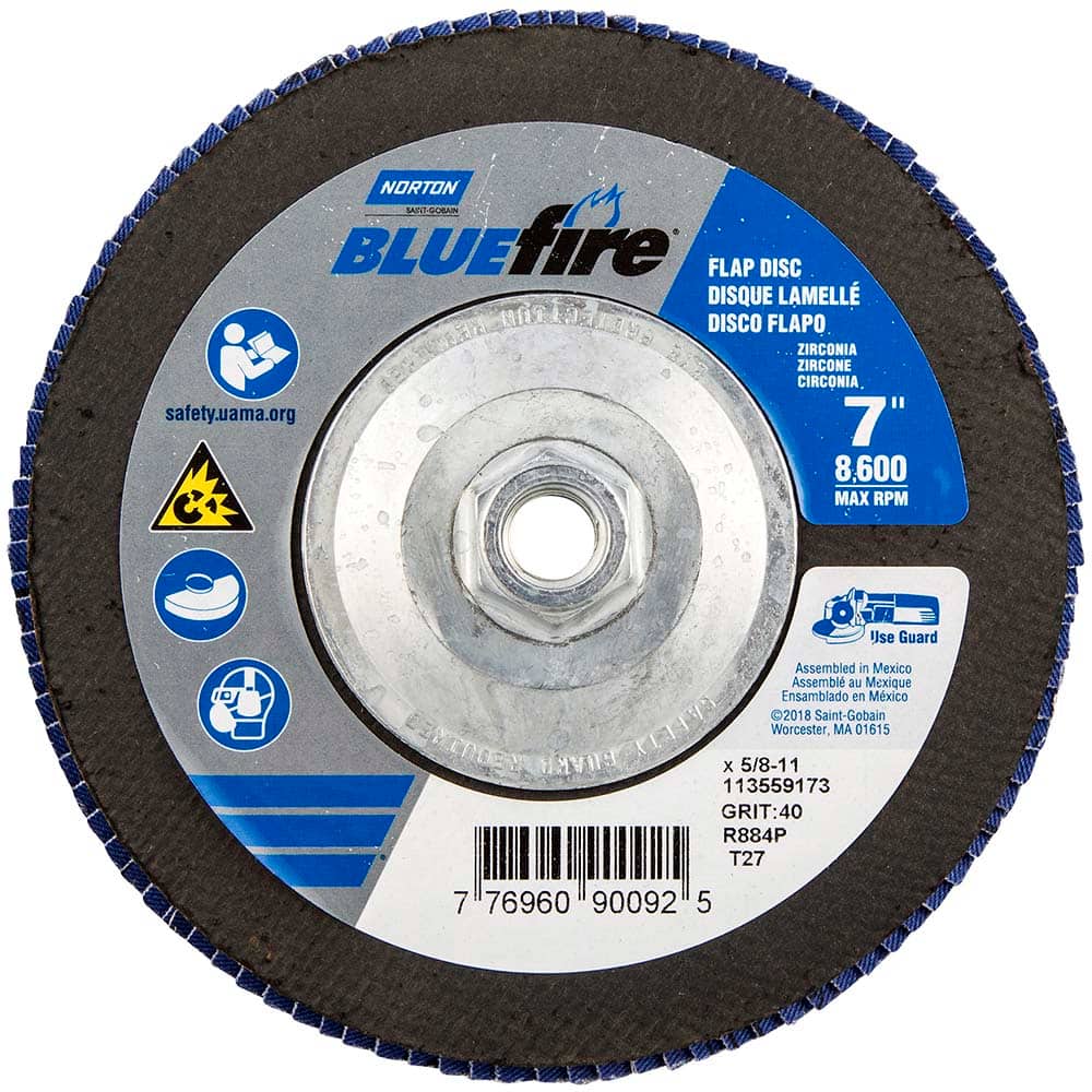Norton - 7" 40 Grit 5/8-11 Center Hole Type 27 Zirconia Alumina Flap Disc - Exact Tooling