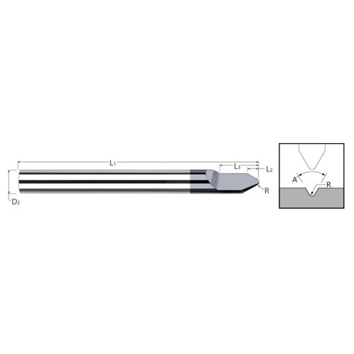Engraving Cutters - 0.1250″ (1/8″) Shank Diameter × 0.0100″ Radius × 90° included Carbide Radius Engraver, 1 Flute, Amorphous Diamond Coated