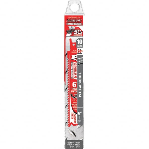 Freud - 6" Long x 1" Thick, Carbide Reciprocating Saw Blade - Straight Profile, 8 TPI, Toothed Edge, Tang Shank - Exact Tooling