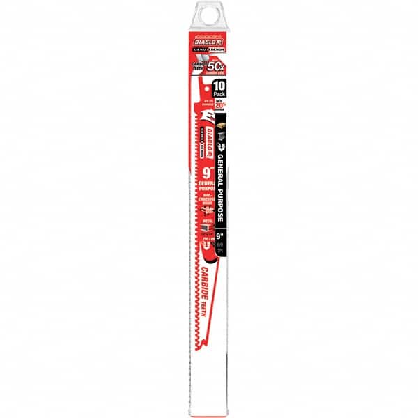 Freud - 9" Long x 1" Thick, Carbide Reciprocating Saw Blade - Tapered Profile, 9 TPI, Toothed Edge, Tang Shank - Exact Tooling