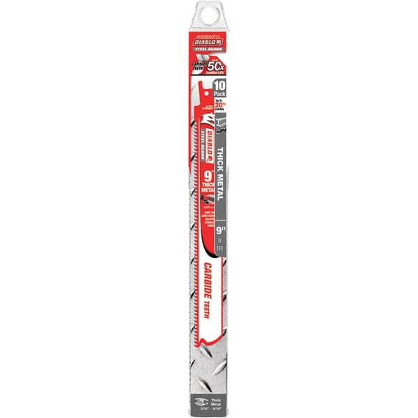 Freud - 9" Long x 1" Thick, Carbide Reciprocating Saw Blade - Straight Profile, 8 TPI, Toothed Edge, Tang Shank - Exact Tooling