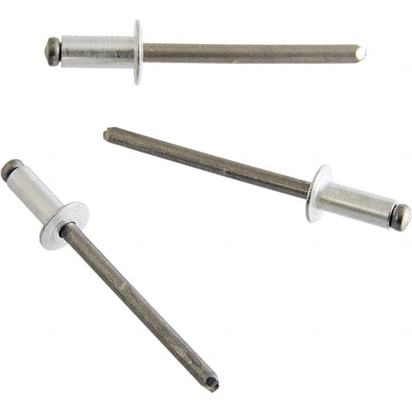 STANLEY Engineered Fastening - Size 6 Dome Head Aluminum Open End Blind Rivet - Aluminum Mandrel, 0.501" to 5/8" Grip, 3/16" Head Diam, 0.192" to 0.196" Hole Diam, 0.116" Body Diam - Exact Tooling