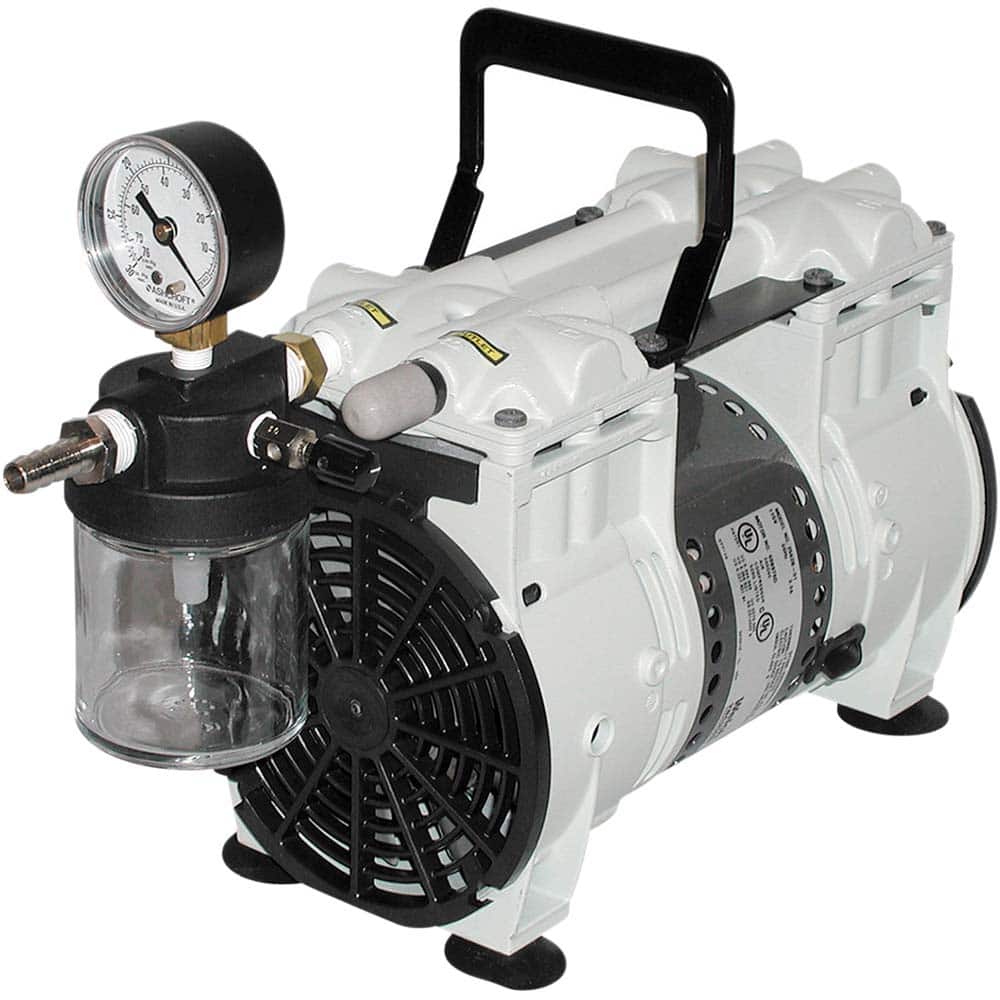 Welch - Piston-Type Vacuum Pumps; Horsepower: 0.125 ; Cubic Feet per Minute: 0.80 ; Vacuum Pressure (In/Hg): 60.00 ; Voltage: 115V ; Height (Inch): 10 ; Length (Inch): 8.1 - Exact Tooling