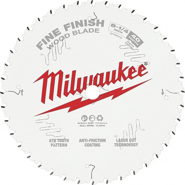 Milwaukee Tool - 8-1/4" Diam, 5/8" Arbor Hole Diam, 40 Tooth Wet & Dry Cut Saw Blade - Tungsten Carbide-Tipped, Fine Finish Action, Standard Round Arbor - Exact Tooling