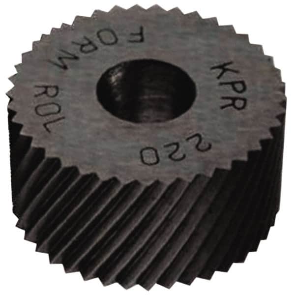 Made in USA - 5/8" Diam, 90° Tooth Angle, 35 TPI, Standard (Shape), Form Type High Speed Steel Right-Hand Diagonal Knurl Wheel - 1/4" Face Width, 1/4" Hole, Circular Pitch, 30° Helix, Bright Finish, Series GK - Exact Tooling