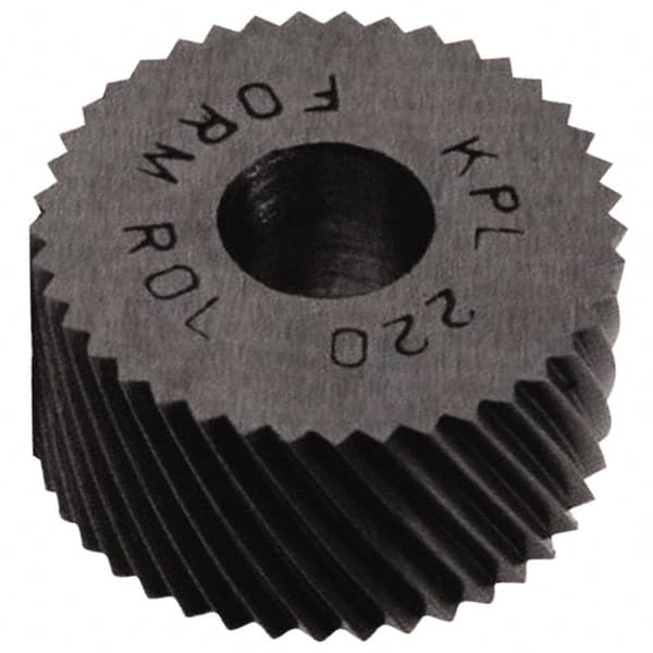 Made in USA - 5/8" Diam, 80° Tooth Angle, Standard (Shape), Form Type High Speed Steel Left-Hand Diagonal Knurl Wheel - 1/4" Face Width, 1/4" Hole, 64 Diametral Pitch, 30° Helix, Bright Finish, Series GK - Exact Tooling