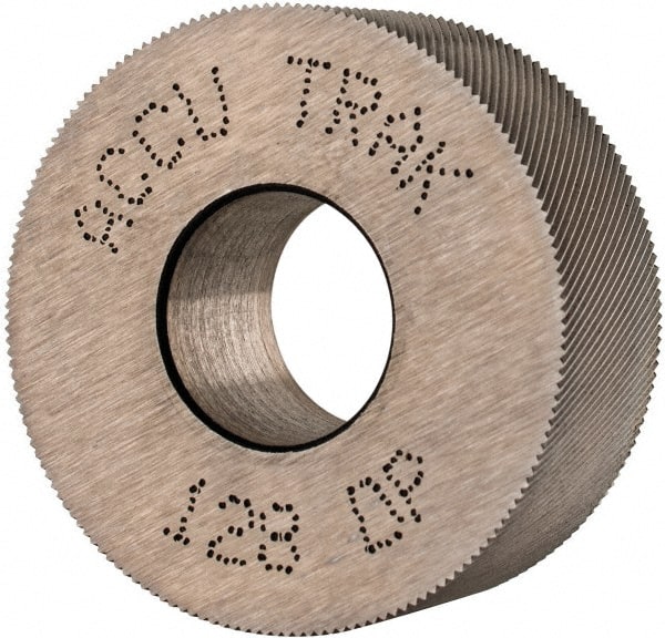 Made in USA - 1-1/4" Diam, 80° Tooth Angle, Standard (Shape), Form Type High Speed Steel Left-Hand Diagonal Knurl Wheel - 1/2" Face Width, 1/2" Hole, 128 Diametral Pitch, 30° Helix, Bright Finish, Series PH - Exact Tooling
