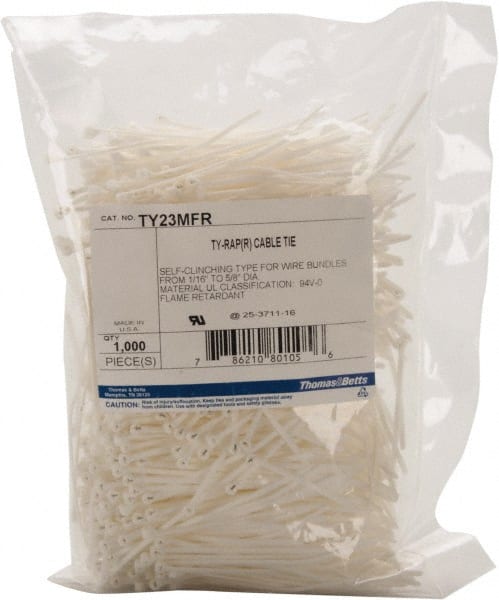 Thomas & Betts - 3.62" Long White Nylon Standard Cable Tie - 18 Lb Tensile Strength, 0.77mm Thick, 6" Max Bundle Diam - Exact Tooling