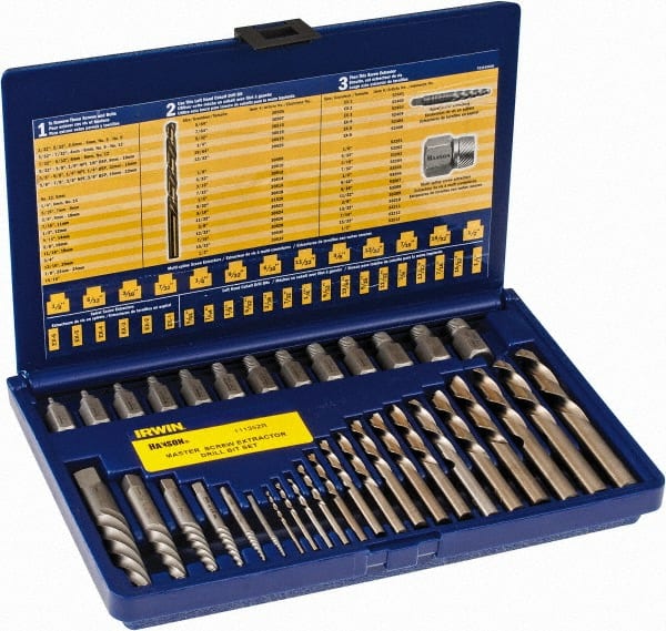 Irwin Hanson - 35 Piece Spiral Flute Screw Extractor & Drill Set - Screw Range 1/8 to 1/2" - Exact Tooling