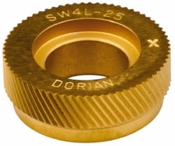 Dorian Tool - 1" Diam, 90° Tooth Angle, 25 TPI, Standard (Shape), Form Type Cobalt Left-Hand Diagonal Knurl Wheel - 3/8" Face Width, 1/2" Hole, Circular Pitch, 30° Helix, TiN Finish, Series SW4 - Exact Tooling