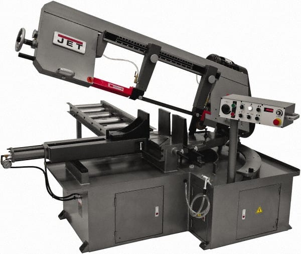 Jet - 12 x 23-1/2" Max Capacity, Semi-Automatic Step Pulley Horizontal Bandsaw - 50 to 297 SFPM Blade Speed, 230/460 Volts, 60°, 3 hp, 3 Phase - Exact Tooling