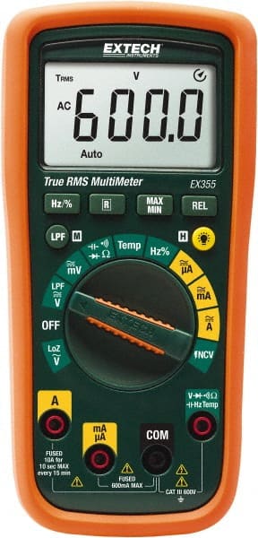 Extech - EX355, CAT III, 600 VAC/VDC, Digital True RMS Multimeter - 60 mOhm, Measures Voltage, Capacitance, Current, Frequency, Resistance, Temperature - Exact Tooling