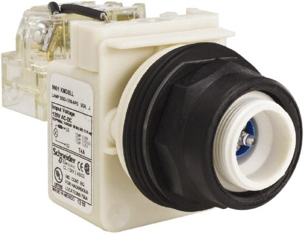 Schneider Electric - 120 V Blue Lens LED Pilot Light - Round Lens, Screw Clamp Connector, 54mm OAL x 42mm Wide, Vibration Resistant - Exact Tooling