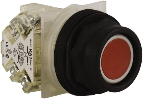 Schneider Electric - 30mm Mount Hole, Extended Straight, Pushbutton Switch with Contact Block - Red Pushbutton, Momentary (MO) - Exact Tooling