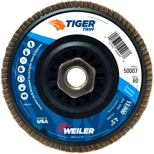 4-1/2″ Tiger Disc Abrasive Flap Disc, Angled, Trimmable Backing, 60Z, 5/8″-11 UNC Nut - Exact Tooling