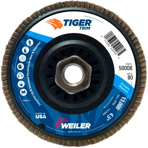 4-1/2″ Tiger Disc Abrasive Flap Disc, Angled, Trimmable Backing, 80Z, 5/8″-11 UNC Nut - Exact Tooling