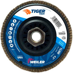4-1/2″ Tiger Disc Abrasive Flap Disc, Angled, Trimmable Backing, 120Z, 5/8″-11 UNC Nut - Exact Tooling