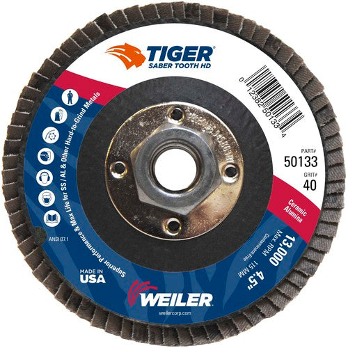 4-1/2 Saber Tooth High Density Ceramic Abrasive, 40C, 5/8″-11 UNC Nut - Exact Tooling