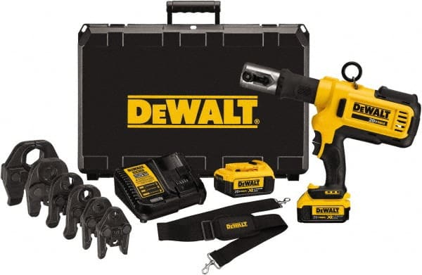 DeWALT - 4 Ton Electric Crimper - Includes DCE200, (2) DCB204, DCE115, Shoulder Strap, (5) 1/2 - 2" Crimping Heads, Kit Box - Exact Tooling