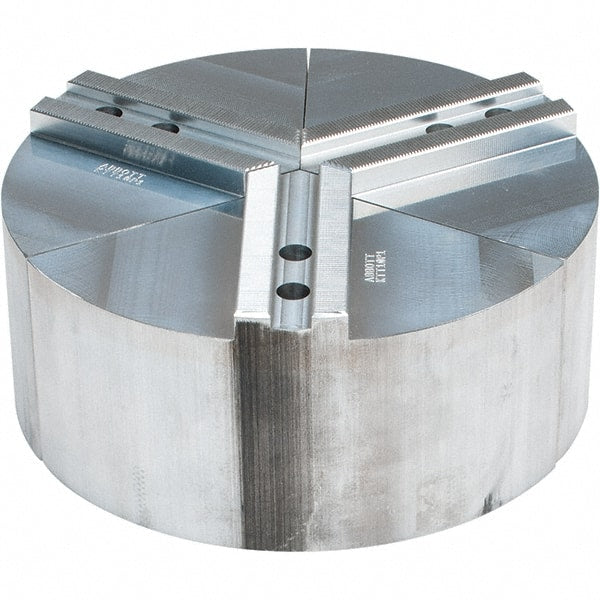 Abbott Workholding Products - 10" Max Chuck Capacity, 1.5mm x 60° Serrated Interface, Round Soft Lathe Chuck Jaw - 3 Jaw, Aluminum, 1.1811" Btw Mount Hole Ctrs, 10" Wide, 4" High, 12mm Fastener - Exact Tooling