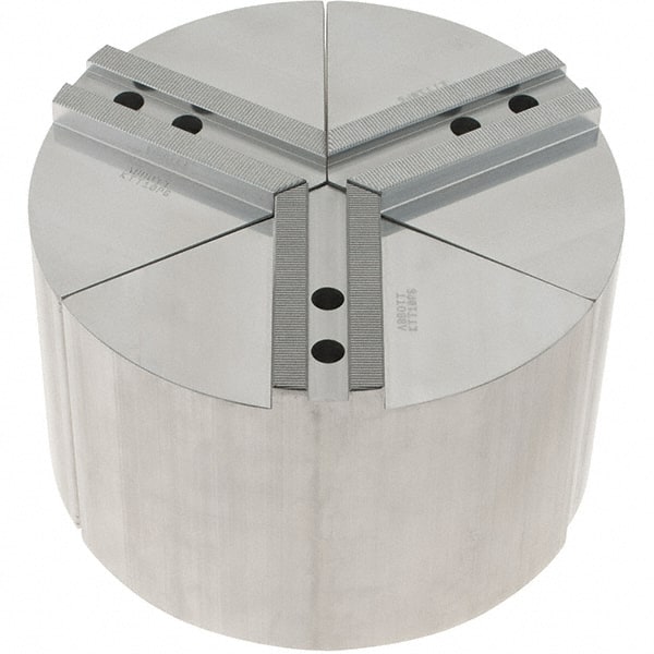 Abbott Workholding Products - 10" Max Chuck Capacity, 1.5mm x 60° Serrated Interface, Round Soft Lathe Chuck Jaw - 3 Jaw, Aluminum, 1.1811" Btw Mount Hole Ctrs, 10" Wide, 6" High, 12mm Fastener - Exact Tooling