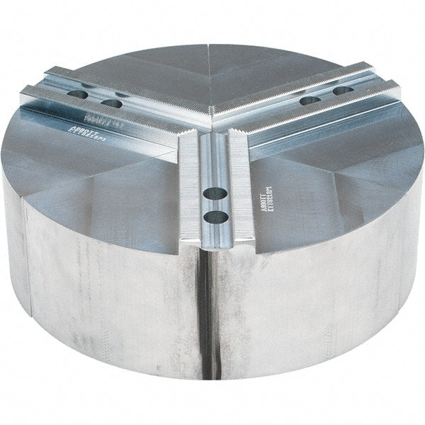 Abbott Workholding Products - 12" Max Chuck Capacity, 1.5mm x 60° Serrated Interface, Round Soft Lathe Chuck Jaw - 3 Jaw, Aluminum, 1.1811" Btw Mount Hole Ctrs, 12" Wide, 4" High, 16mm Fastener - Exact Tooling