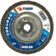4-1/2″ Tiger Disc Abrasive Flap Disc, Angled, Alum. Backing, 24Z, 5/8″-11 UNC Nut - Exact Tooling