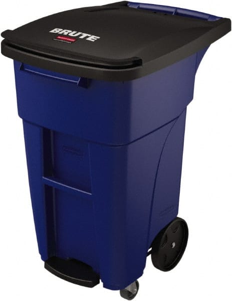 Rubbermaid - 32 Gal Blue Rectangle Trash Can - Plastic, None Graphic, 37.16" High x 20.62" Wide, Lid Included - Exact Tooling